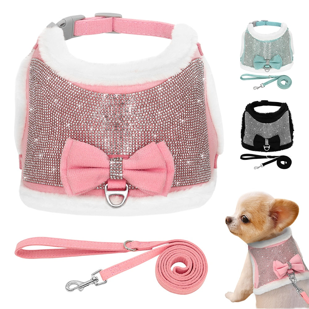 Rhinestone Furry Dog Harness Leash Set