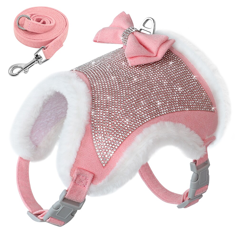 Rhinestone Furry Dog Harness Leash Set